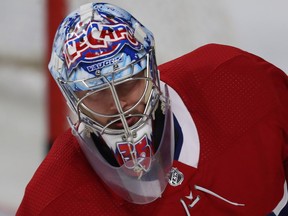 Canadiens goalie Charlie Lindgren is still sporting the mask from his days with the St. John's IceCaps.