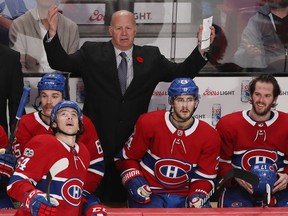Montreal Canadiens coach Claude Julien shows his frustration to the referees, after the goal by Charles Hudon (54) was overturned, during third period NHL action in Montreal on Thursday November 9, 2017.