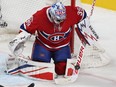 Montreal Canadiens goalie Charlie Lindgren stops puck during first period NHL action in Montreal on Thursday November 9, 2017.
