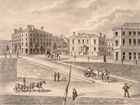 The original Custom House (centre) and Wharf, Montreal, 1848. In 1992 the building became part of the Pointe à Callière museum of history and archeology.