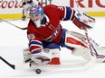 Montreal Canadiens goalie Charlie Lindgren plays the puck during action against the Columbus Blue Jackets in Montreal on Tuesday, Nov. 14, 2017.