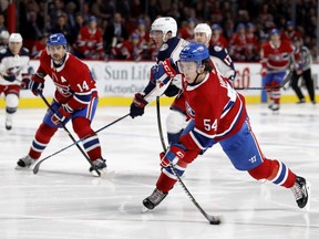 Montreal Canadiens left-winger Charles Hudon takes a slapshot on Columbus Blue Jackets goalie Sergei Bobrovsky on Nov. 14, 2017.