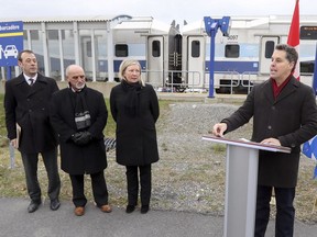 Vaudreuil-Soulanges MP Peter Schiefke (right) is accompanied by local MNA Marie-Claude Nichols, Vaudreuil-Dorion Mayor Guy Pilon and Hudson Mayor Jamie Nicholls (far left), as he announces major investments in the Réseau de transport métropolitain during a press conference in Vaudreuil-Dorion on Tuesday morning.