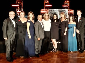 Members of the Lakeshore General Hospital Foundation annual ball committee, including foundation managing director Heather Holmes, second from left, and honorary presidents Sandra Hudon (in white top), Monique Mardinidan (short black dress) and to her left Lyne Giroux.