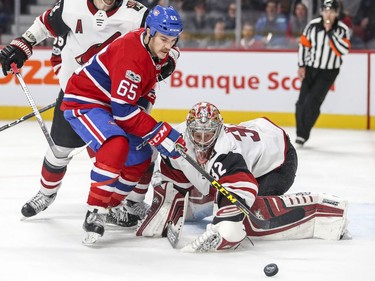 Montreal Canadiens Andrew Shaw can't get his stick on the rebound after save by Arizona Coyotes goalie Antti Raanta during third period of National Hockey League game in Montreal Thursday November 16, 2017.