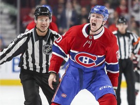 Canadiens forward Nicolas Deslauriers yells at the Arizona Coyotes bench after fight with Zac Rinaldo during second period of NHL game at the Bell Centre in Montreal on Nov. 16, 2017.