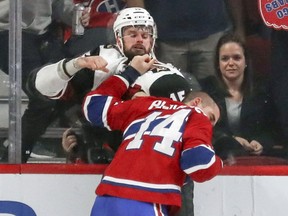 Canadiens' Tomas Plekanec fights Arizona Coyotes Brad Richardson in Montreal on Thursday Nov. 16, 2017. It was Plekanec's his first NHL fight in his 941st game in the league.