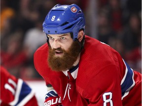 Canadiens defenceman Jordie Benn waits for the puck to drop during second period of NHL game against the Arizona Coyotes at the Bell Centre in Montreal on Nov. 16, 2017.