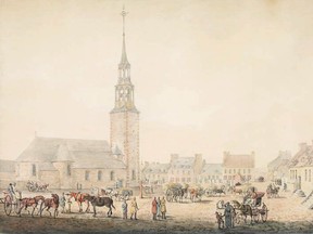 The old Notre Dame Church in Place d'Armes, Montreal, 1790.