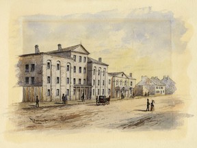 The 1,500-seat Theatre Royal on St. Paul St. (next to the British North American Hotel to the left), stood from 1825 to 1844 and was the first performing arts hall in Canada built from the ground up.