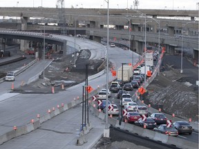 Eastbound traffic works its way through a temporary configuration near the foot of the Décarie Expressway as work continues on the Turcot Interchange project in Montreal.