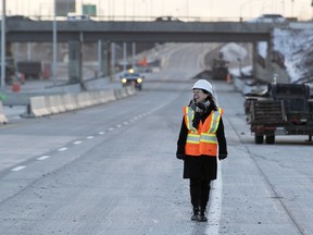 Montreal mayor Valérie Plante walks along the worksite that will be the new highway 20, in Montreal on Monday November 20, 2017.