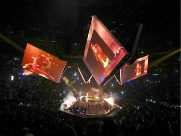 Large video screens hang above the stage as Jay Z performs at the Bell Centre in Montreal Tuesday November 21, 2017.