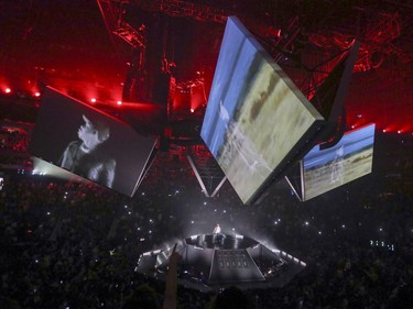 Large video screens hang above the stage as Jay Z performs at the Bell Centre in Montreal Tuesday November 21, 2017.