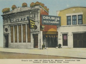 Drury's Restaurant, on the now defunct Osborne St., was expropriated in 1957 and demolished so the city of Montreal could extend de la Gauchetière St. and expand Dominion Square. That portion of Osborne St. no longer exists and the remaining portion is now called Ave. des Canadiens de Montréal.