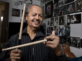 Norman Marshall Villeneuve shows off his signature drumsticks in his N.D.G. home on Wednesday, Nov. 22, 2017.