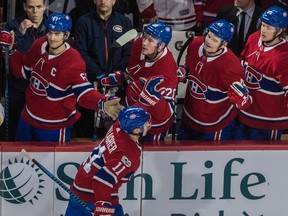 Montreal Canadiens right-winger Brendan Gallagher celebrates after opening the scoring for the Canadiens against the Columbus Blue Jackets goalie Sergei Bobrovsky at the Bell Centre in Montreal on Monday, November 27, 2017.