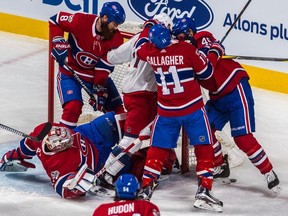 Montreal Canadiens goalie Carey Price (31) finds himself in an awkward position against the Columbus Blue Jackets during 1st period NHL action at the Bell Centre in Montreal, on Monday, November 27, 2017.