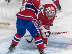 Canadiens goalie Carey Price keeps his eye on the puck during game against the Columbus Blue Jackets at the Bell Centre in Montreal on Nov. 27, 2017. The Canadiens won the game 3-1 with Price stopping 37 of the 38 shots he faced.