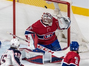 Montreal Canadiens goalie Carey Price (31) makes a save against the Columbus Blue Jackets during 3rd period NHL action at the Bell Centre in Montreal, on Monday, November 27, 2017.