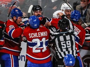 Canadiens defenceman David Schlemko gets into the mix after goaltender Carey Price was knocked to the ice during first period at the Bell Centre on Wednesday night.