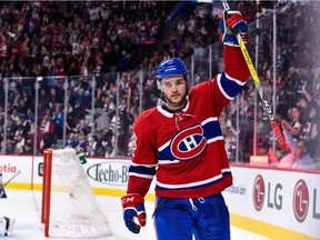 Jonathan Drouin of the Montreal Canadiens celebrates his second-period goal against the Toronto Maple Leafs at the Bell Centre on Oct. 14, 2017, in Montreal.