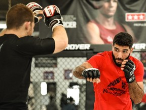 Montrealer Aiemann Zahabi, who will face Brazil's Ricardo Ramos (10-1) in a bantamweight bout at UFC 217, holds an open training during the UFC Media Day at Tristar Gym on October 25, 2017 in Montreal.