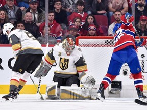 Vegas Golden Knights v Montreal Canadiens

MONTREAL, QC - NOVEMBER 07:  Goaltender Maxime Lagace #33 of the Vegas Golden Knights makes a pad save on Artturi Lehkonen #62 of the Montreal Canadiens during the NHL game at the Bell Centre on November 7, 2017 in Montreal, Quebec, Canada.  (Photo by Minas Panagiotakis/Getty Images) ORG XMIT: 775040783
Minas Panagiotakis, Getty Images