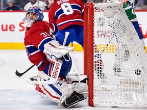 Canadiens goaltender Charlie Lindgren allows a goal in the third period against the Toronto Maple Leafs at the Bell Centre on Saturday, Nov. 18, 2017, in Montreal.