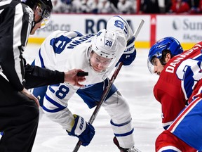 Canadiens' Philip Danault faces off against the Leafs' Connor Brown. Montreal ranks 23rd in the NHL on faceoffs, winning only 48.8 per cent of the time.