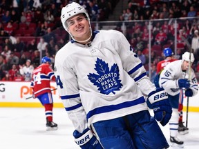 Maple Leafs' Auston Matthews smiles after scoring a goal in the third period against the Canadiens at the Bell Centre on Saturday, Nov. 18, 2017, in Montreal.