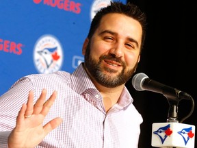 Former Toronto Blue Jays general manager Alex Anthopoulos speaks to reporters in this Oct. 26, 2015 file photo.