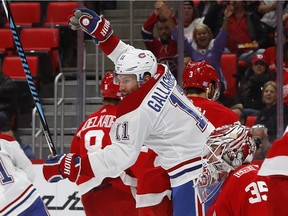 Canadiens' Brendan Gallagher celebrates his first-period goal against the Red Wings Thursday night in Detroit.