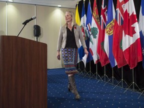 Federal Environment Minister Catherine McKenna arrives for a news conference after a Canadian Council of Ministers of the Environment meeting in Vancouver on November 3, 2017. Environment Minister Catherine McKenna and former prime minister Brian Mulroney will be in Montreal today to mark the 30th anniversary of a landmark treaty to protect the earth's ozone layer. The Montreal Protocol was an international agreement signed in the city on Sept. 16, 1987 to phase out the use of chemicals being blamed for destroying the ozone layer. THE CANADIAN PRESS/Darryl Dyck