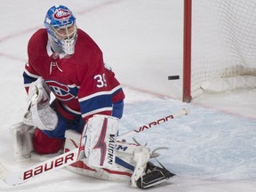 Montreal Canadiens goaltender Charlie Lindgren makes a save against the Toronto Maple Leafs during third period NHL hockey action in Montreal, Saturday, November 18, 2017.