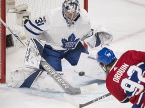 Toronto Maples Leafs goaltender Frederik Andersen makes a save against Canadiens' Jonathan Drouin during first period NHL hockey action in Montreal on Saturday, Nov. 18, 2017.