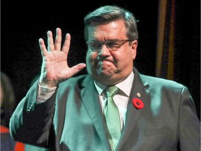 Denis Coderre waves to supporters as he arrives to deliver his concession speech after losing the election to Projet Montréal's Valerie Plante Nov. 5, 2017.