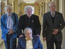 May 29, 2014: William Weintraub, seated, Robert Verrall, left, Gerald Potterton and Colin Low, right, at the National Film Board office in Montreal.  They were attending the NFB launch of an online project titled Making Movie History, 61 shorts about some of the Board's most influential players, including them.