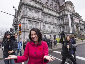 Montreal's mayor-elect Valérie Plante stands in front of city hall on Monday, Nov. 6, 2017. Plante scored a stunning upset in Montreal's mayoral election on Sunday, defeating incumbent Denis Coderre to become the first woman to win the post.