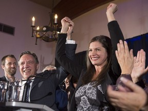 Coalition Avenir Québec candidate Geneviève Guilbault celebrates her victory with leader François Legault, in a provincial by-election in the riding of Louis-Hébert, Monday, October 2, 2017 in Quebec City.