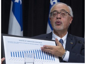 Quebec Finance Minister Carlos Leitao outlines details as he presents a financial update, at a news conference, Tuesday, November 21, 2017 at the legislature in Quebec City