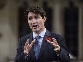 Prime Minister Justin Trudeau rises during question period in the House of Commons, in Ottawa on Monday, Oct. 30, 2017.