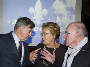 Former Quebec premiers Lucien Bouchard, left, Pauline Marois and Bernard Landry attend an event to commemorate the 30th anniversary of the death of former Quebec premier René Lévesque in Montreal, Wednesday, November 1, 2017.