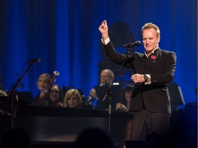 Sting performs at a Leonard Cohen tribute concert at the Bell Centre in Montreal on Monday, Nov. 6, 2017.