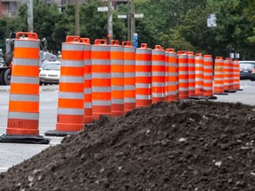 Construction cones line Rene Levesque Blvd east of Atwater Street in Montreal