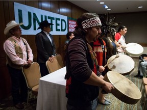 Drummers take the stage before First Nations and environmental groups speak about a federal court hearing about the Kinder Morgan Trans Mountain pipeline expansion, during a news conference in Vancouver, B.C., on Monday October 2, 2017.