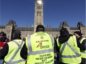 Locked-out Aveos maintenance workers protested on Parliament Hill in Ottawa in March 2012.