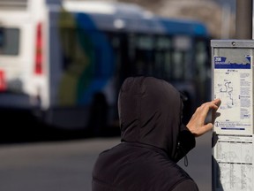 A passenger checks the 208 bus schedule as he waits to board STM buses at the Fairview STM terminal in Montreal on Thursday March 12, 2015