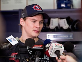 The Canadiens' Artturi Lehkonen speaks to the media following practice at the Bell Sports Complex in Brossard on April 24, 2017.