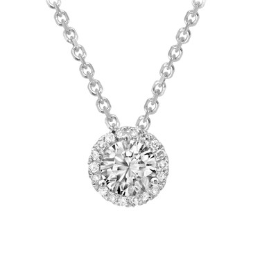 Outshine the competition with a gift of this 14-karat white gold pendant with a round diamond, encircled by a halo of smaller stones. Starting at $350.